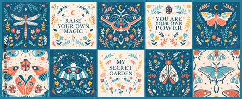 Square boho mystic botanical prints and folk seamless patterns with insects, moth, herbs, sacred positive affirmations.Moonlight witchcraft graphic with inspirational slogans in bloom frames. photo