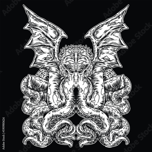 Cthulhu Creature Black and White Illustration