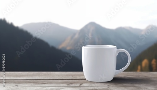 Plain White Mug Mockup Mountain Background, Generative AI 