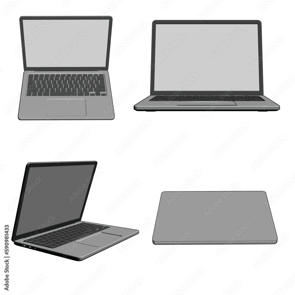 Realistic laptop mockup with blank screen isolated on white background, perspective laptop mock up different angles views Realistic laptop mockup with blank screen isolated on white background, perspective laptop mock up different angles views