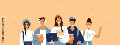 Group of happy positive people, students with textbooks and gadgets. Schoolchildren and applicants, young staff, back to school. Flat cartoon vector illustration isolated on white.