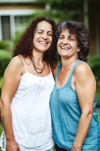 Smiling mature hispanic siblings posing at their backyard. Generative AI	 photo