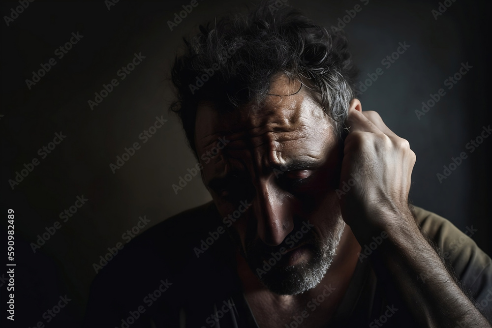 Portrait of a sad middle age man look down on floor with despair eyes in dark room, generative ai Portrait of a sad middle age man look down on floor with despair eyes in dark room, generative ai