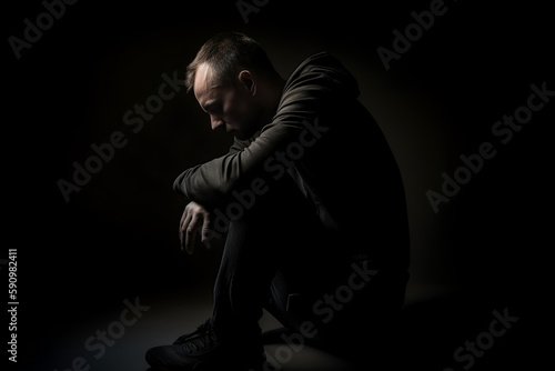 Middle age depress man siting floor in dark room on despair with depressed emotion lower head, deep thinking with sad expression, generative ai