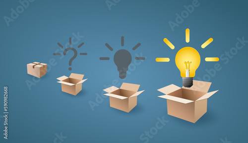 light bulb up from the opening box, and many box on background. creative and idea concept