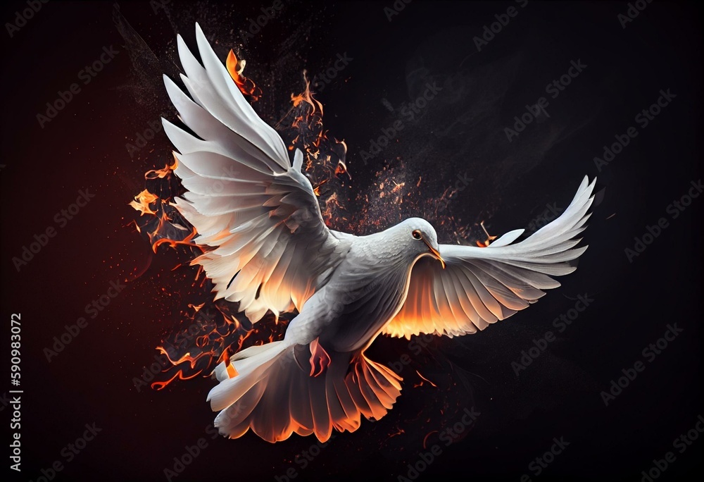 AI generated Flying white dove with fire effect on dark background