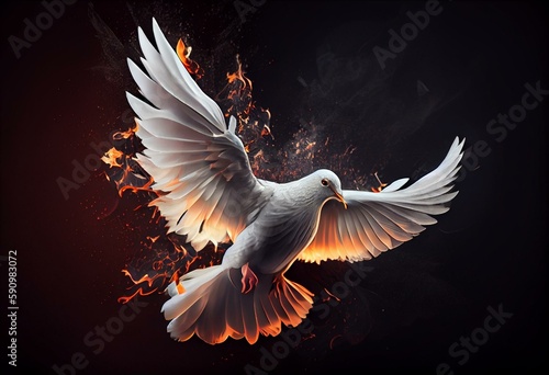 AI generated Flying white dove with fire effect on dark background. Symbol of peace. Gifts of holy spirit concept. Generative AI
