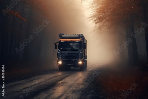 A large truck is seen driving on a misty highway, creating an atmosphere of moody and mysterious ambiance. ,ai generated 