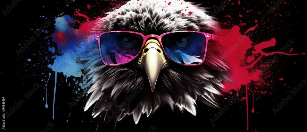 eagle in sunglasses realistic flag background with paint splatter abstract
