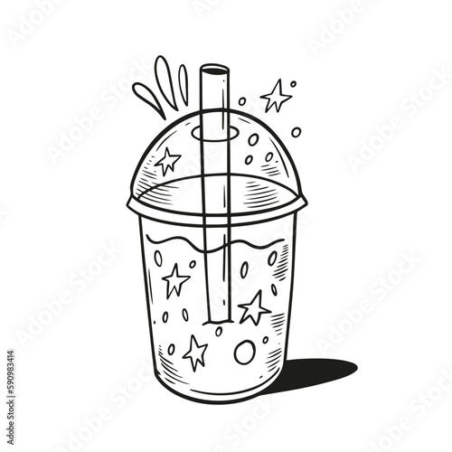 Lemonade drink or cocktail in isolated plastic cup sketch style vector illustration.