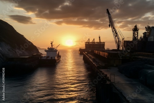 As the sun begins to set on the horizon, a breathtaking panoramic view of  bustling port comes into view. The air is filled with the hustle and bustle of activity as cargo ship,made with generative ai