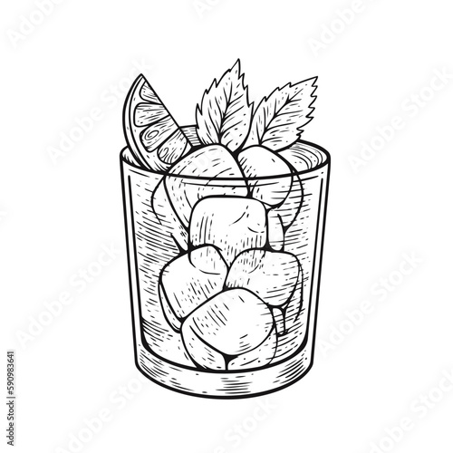 A vintage-style black and white vector illustration of a cocktail with ice, a lemon wedge, and mint leaves. This elegant depiction deal for vintage designs, menus, or cocktail recipes.