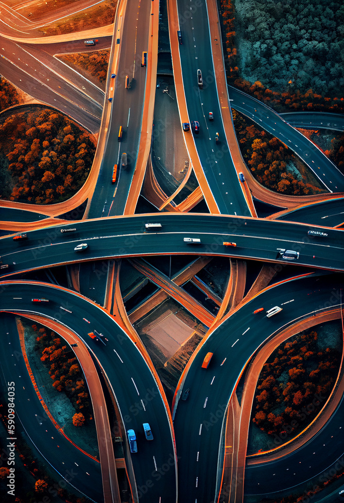 Expressway top view, Road traffic an important infrastructure - obrazy, fototapety, plakaty 