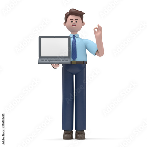 3D illustration of a smiling Asian man Felix  with ok gesture showing business charts at screen laptop computer. Portraits of cartoon characters with okay sign, working in office and analysing infogra photo