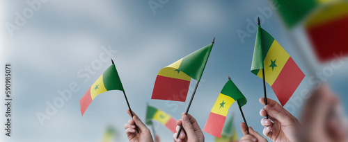 Fototapeta Naklejka Na Ścianę i Meble -  A group of people holding small flags of the Senegal in their hands