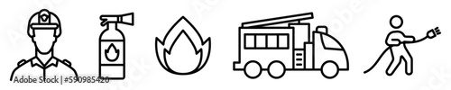 Conjunto de iconos de bomberos. Concepto de seguridad y protección. asistencias sanitaria, fuego, apagar incendio, camión de bomberos, extintor. Ilustración vectorial