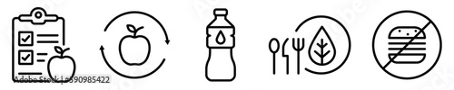 Conjunto de iconos de nutrición. Concepto de alimentación saludable. Dieta, frutas, botella de agua, vegetales,. Ilustración vectorial
