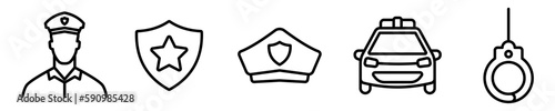 Conjunto de iconos de policía. Concepto de seguridad y protección. Justica y autoridad. Ilustración vectorial