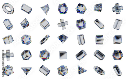 Photography Random Glass shapes with dispersion, random 3d shapes icons, transparent icon pa