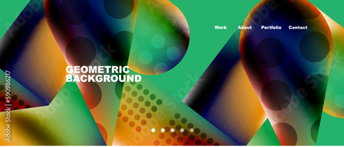 Glassmorphism landing page background template. Colorful glass shapes with metallic effect abstract composition for wallpaper, banner, background