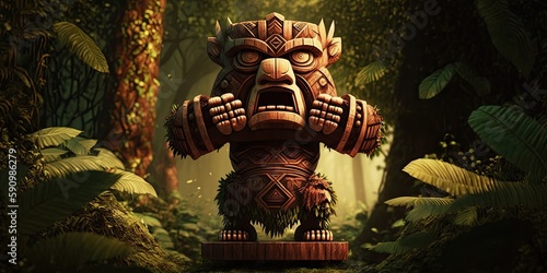 Angry Tiki man on forest background, tiki festival banner photo