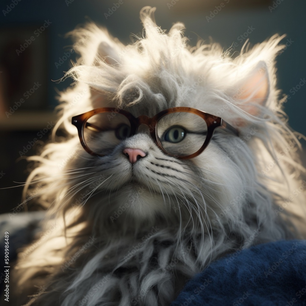 serious old cat with glasses, disheveled hair, looking at the camera, bright character, generated in AI