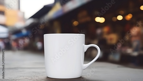 Plain White Cup Mockup Of Coffee On The Indian Market Street Background, Generative AI