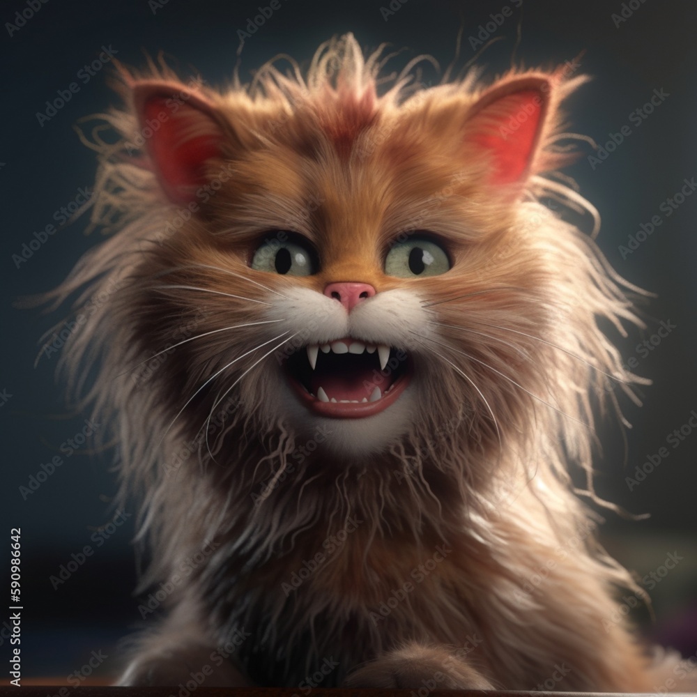 cheerful smiling cat, disheveled hair, looking at the camera, bright character, generated in AI