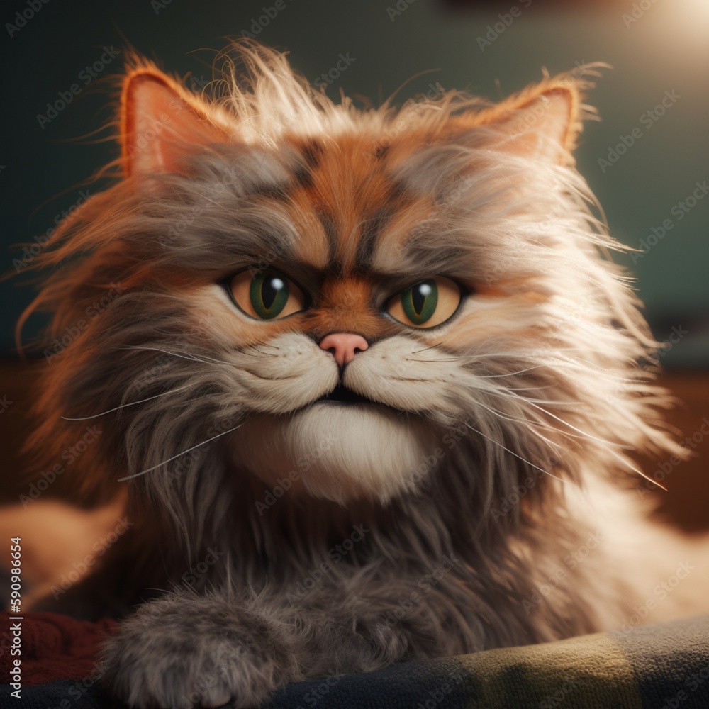 cheerful smiling cat, disheveled hair, looking at the camera, bright character, generated in AI