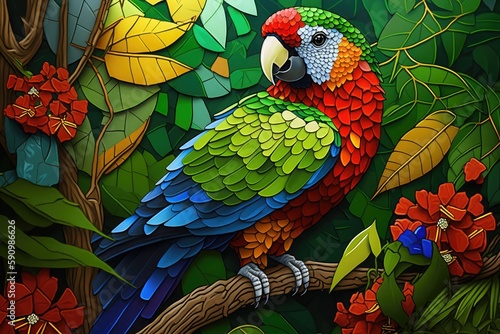 Parrot - colorful parrot on the tree branch with flowers and leafs, sprrow Hd wallpaper photo