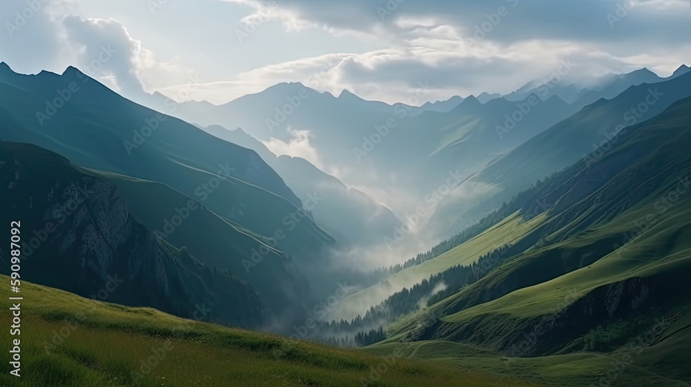 A muted misty mountain with a beautiful view computer wallpaper, generative ai