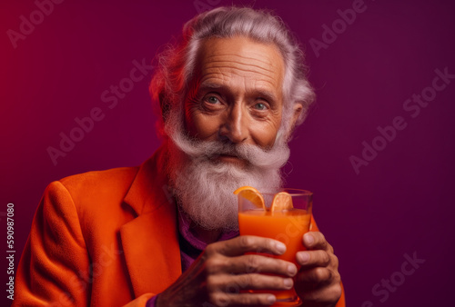 An elderly bearded man wearing an orange suit enjoying a refreshing glass of orange juice against a purple background