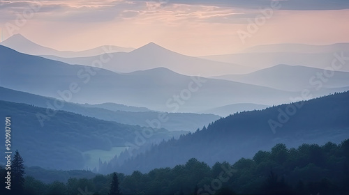 A muted misty mountain with a beautiful view computer wallpaper, generative ai © Case