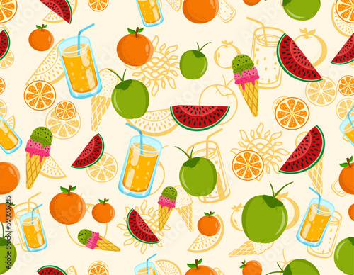 Seamless summer pattern with watermelon, coconut, oranges, ice cream and orange juice