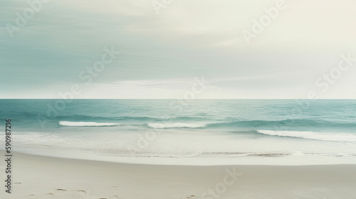 A muted sandy beach by the ocean computer wallpaper, generative ai © Case