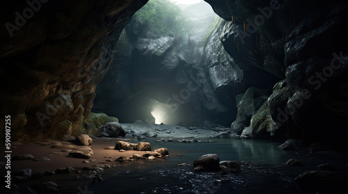 A secret underground cave welcomes light from above computer wallpaper  generative ai