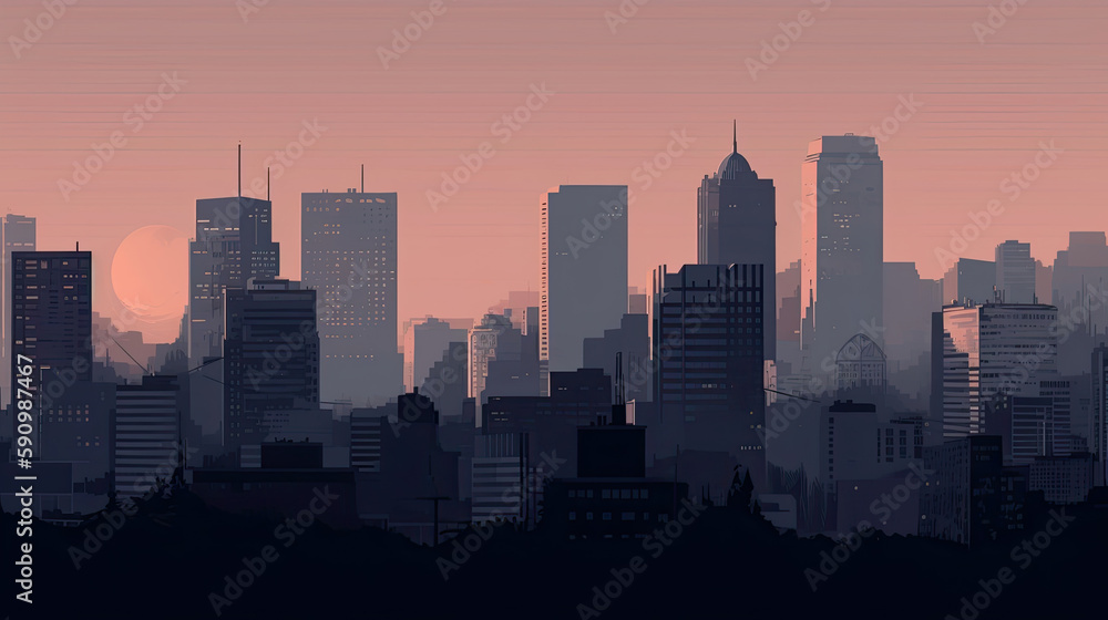 Low fidelity style muted cityscape abstract computer wallpaper, generative ai