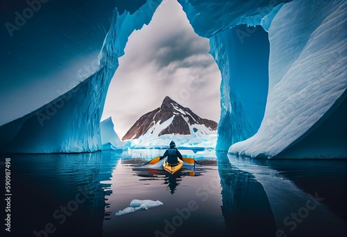 winter kayaking in antarctica against backdrop of huge iceberg. Generative AI