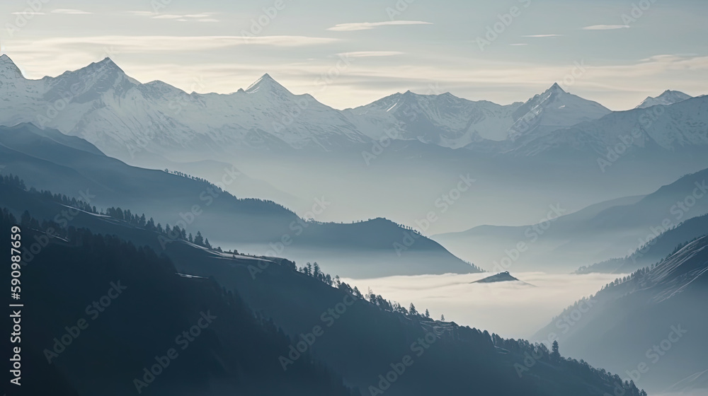 Muted mountain rainge with sprawling view computer wallpaper, generative ai
