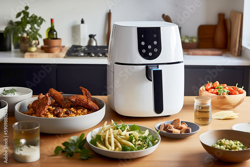 Air fryer kitchen tool surrounded by food. Generative AI illustration photo