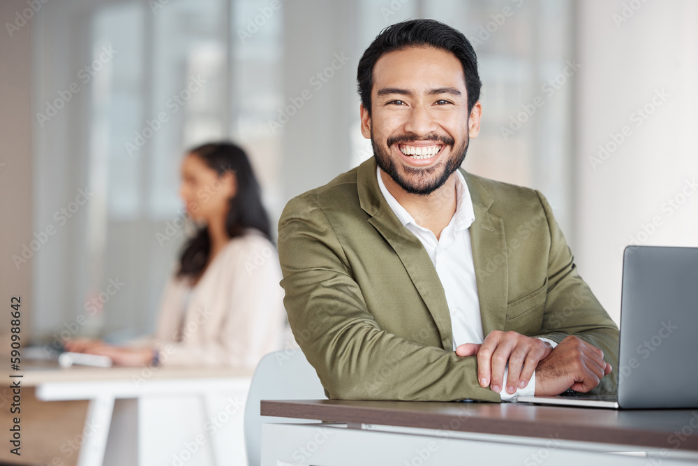 Portrait of happy business man, laptop and planning at office desk, digital project and trading. Male employee, smile and computer for data update, website strategy and research innovation online Portrait of happy business man, laptop and planning at office desk, digital project and trading. Male employee, smile and computer for data update, website strategy and research innovation online