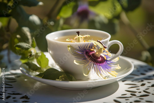 Cup of Passionflower tea with flowers.  photo