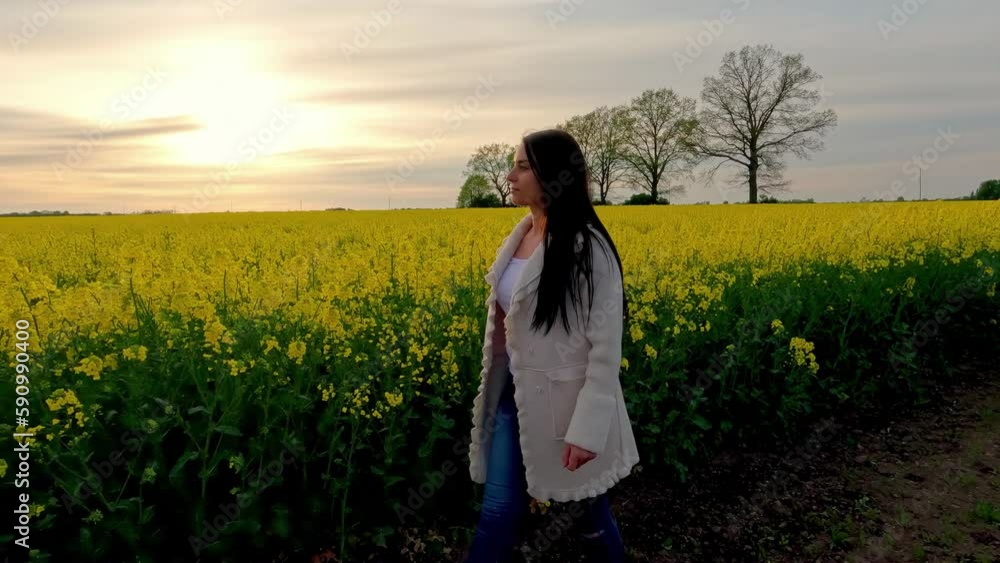 Close up beautiful young caucasian brunette woman walk in spring meadow blooming field and smell yellow flowers enjoy springtime. Carefree woman well being concept Close up beautiful young caucasian brunette woman walk in spring meadow blooming field and smell yellow flowers enjoy springtime. Carefree woman well being concept