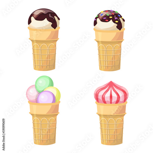 A set of delicious ice cream,ice cream,fruit and berry, chocolate, with multicolored sprinkles, isolated on a white background.Vector illustration for summer designs.