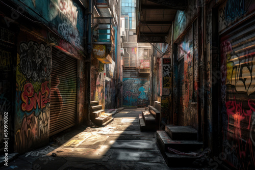 Cyberpunk street in the city with graffiti