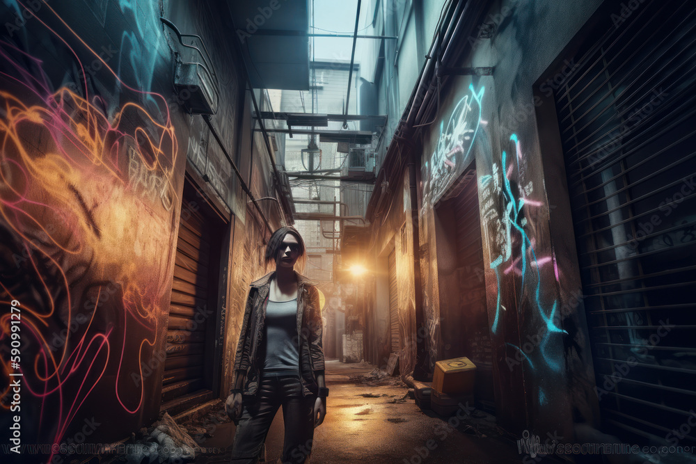 Woman in Cyberpunk Alley at Night with graffiti