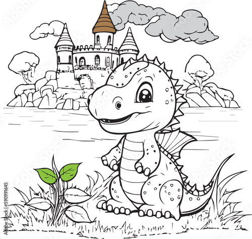 Little Dino cartoon character with a castle background. Black and white vector illustration for coloring book