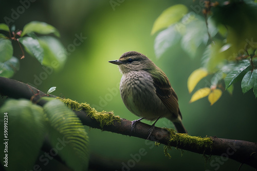 Closeup A wild small bird perched on a branch, surrounded by a lush green forest.