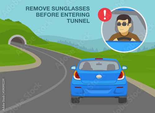 Safe driving tips and rules. Tunnel restrictions. Remove sunglasses before entering tunnel. Car driving into mountain road tunnel. Flat vector illustration template.