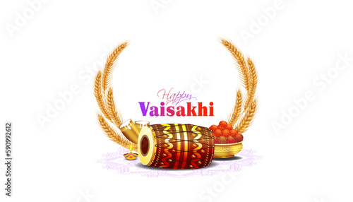 Vaisakhi or Baisakhi festival concept. Happy Vaisakhi text with Indian Punjabi sikh festivals of agriculture and wheat background.